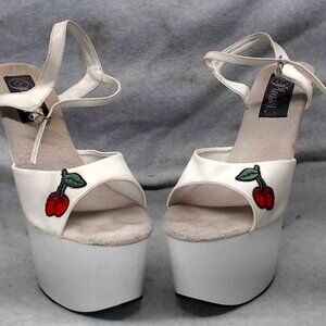 Pleaser platform sandals with cherries. 7 inch heel. Size 10?